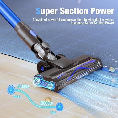 Cordless Vacuum Cleaner, 550W 45KPA 50Min Vacuum Cleaners for Home, Self-Standing Stick Vacuum with Touch Screen, 3 Power Modes, Rechargeable Battery, Handheld Vacuum for Pet Hair/Carpet/Floor