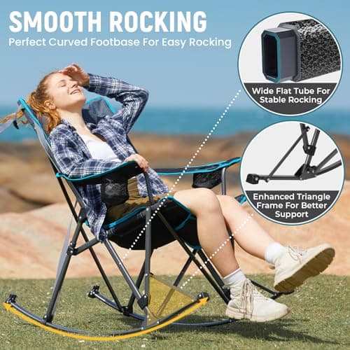 FUNDANGO Oversized Rocking Camping Chair for Adults, Portable Folding Lawn Chairs for Outside with Pillows, Wide Armrest, 2 Cup Holders, Carry Bag for Patio Garden Outdoor Supports 400Lbs (Black/Blue)