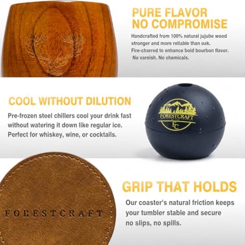 Charred Wooden Whiskey Glass Gift Set of 1 – Jujube Wood Bourbon Drinking Cup, Handmade Whiskey Tumbler with Coaster, Ice Mold & Book, Gift for Whiskey Lovers (10oz) B0H1JQVT46
