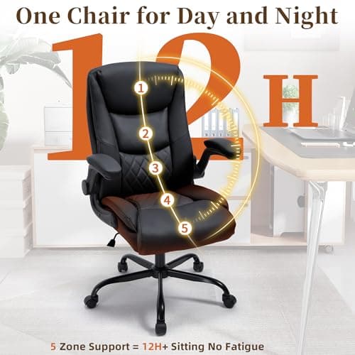 Office Chair, Executive Leather Office Chair with Lumbar Support & Flip-up Armrests, Ergonomic Adjustable High Back Swivel Chair with Rocking Function (Black)