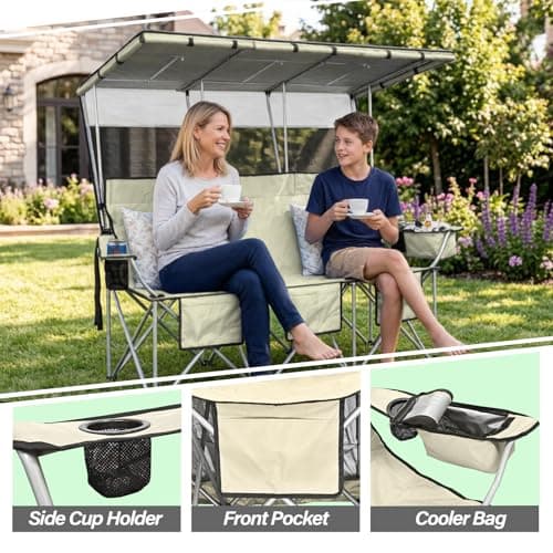 BDL 3 Person Camping Chair with Canopy Shade, Oversized Heavy Duty Camping Chair with Cup Holders & Ice Bag Portable Family Folding Chair for Outdoor, Lawn & Sports,White