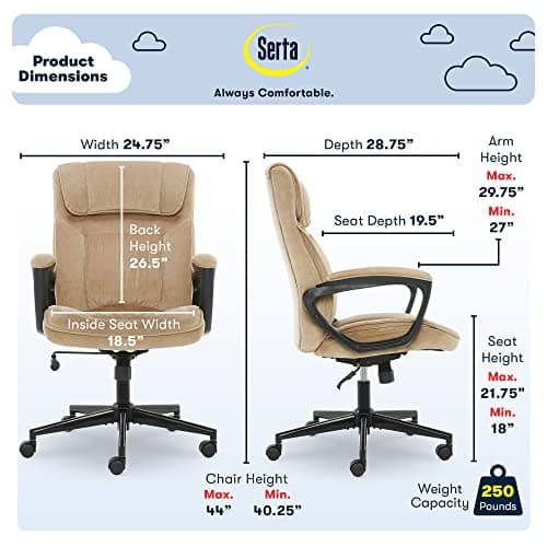 Serta® Hannah Executive Home Office Desk Chair, Ergonomic Mid-Back with Lumbar Support, Firm Seat Cushion, Layered Body Pillows, Padded Armrests, Swivel Base, Easy Assembly, Microfiber, Beige