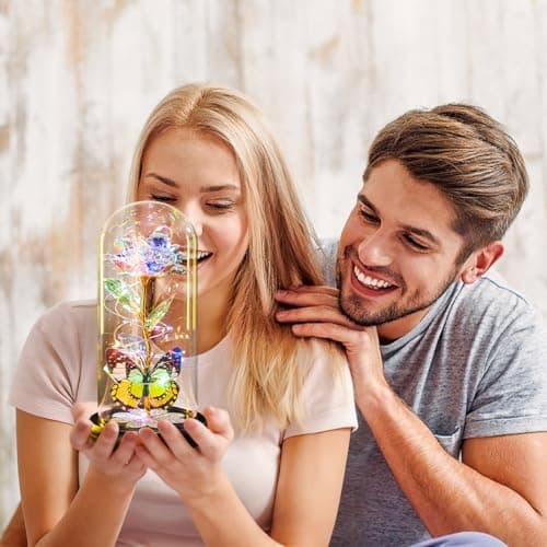 Birthday Gifts for Women Mom, Galaxy Glass Rose Forever Eternal Crystal Flower Light Up Rose in Glass Dome with Butterfly Mothers Day Christmas Rose Gifts for Her Wife Daughter Friends Colorful