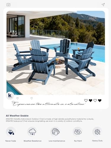 KINGYES Folding Adirondack Chair Set of 2, HDPE All-Weather Patio Chairs with Cup Holder, Wooden Textured Fire Pit Chairs Recliner for Poolside, Backyard, Deck, Navy