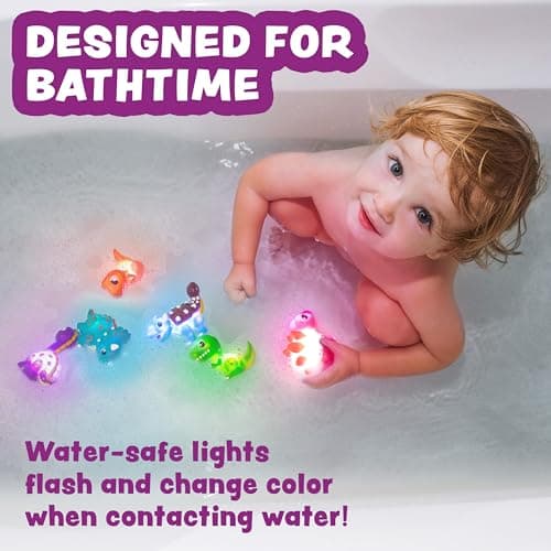 Tub Works® Dinos™ Dinosaur Light Up Bath Toys, 6 Pack | Water-Activated Light Up Toys Flash & Change Color | Easy-Grip Baby & Toddler Bath Toys | Sensory Bath Lights Watertight Bathtub Toys