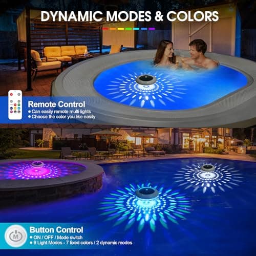 Floating Pool Lights w/Remote, 6.5 Inch RGB Color Changing Solar Pool Lights That Float with 9 Dynamic Lighting, IP68 Waterproof Hangable Solar Floating Light for Pool Garden Weeding Decor(2)