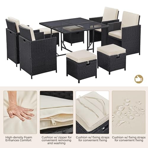 Yaheetech 9-Piece Patio Dining Sets, Outdoor Space Saving Rattan Chairs with Glass Table, Wicker Sectional Conversation Furniture Set with Removeable Cushions, Black/Beige
