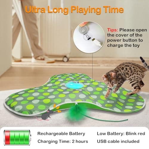 Interactive Cat Toys Rechargeable,Moving Concealed Feathers,Real Mouse Squeaky,Touch Activated Cat Kitten Toy Exercise Toys for Indoor Bored Adult Cats