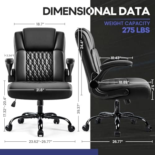 OFIKA Leather Office Desk Chair,Ergonomic Office Chair with Lumbar Support,Computer Chair,Executive Leather Chair with Padded Flip-up Arm,Adjustable Armrests, Black,275LBS