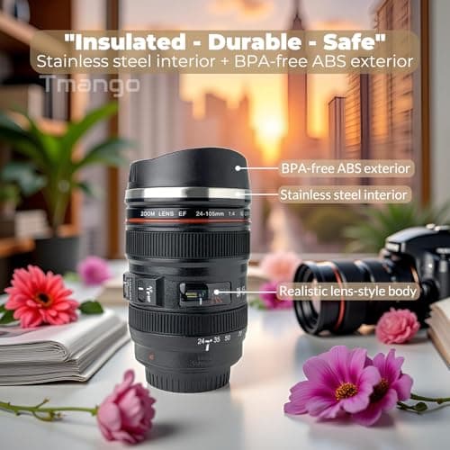Camera Lens Coffee Mug with Slider Lid and Spoon– Realistic DSLR Thermos Cup, Novelty Gift for Photographers, Men & Women