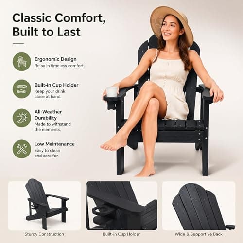 Adirondack Chair,All-Weather Can Used Patio Chair with Cup Holder,Sturdy Outdoor Lawn Chair,Easy Clean Surface and Anti-Tip Safety Features,Black