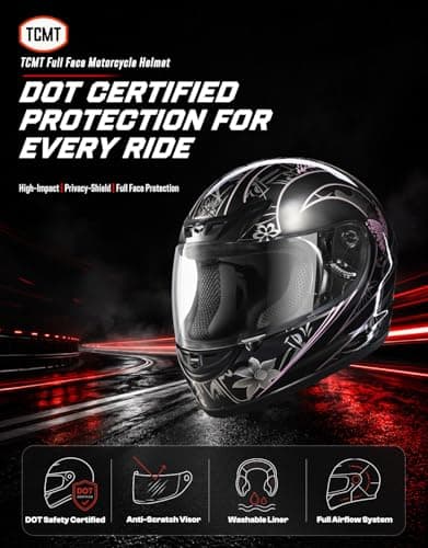 TCMT Size-S Full Face Motorcycle Helmet for Adults Men Women, Lightweight Polycarbonate Street Bike Dirt Bike Helmet with Anti-Scratch Mirror Shield and Removable Liner, DOT Approved