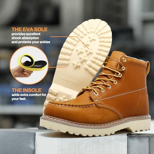 SAFETY LOONG Moc Toe Work Boots for Men Soft Toe Comfortable Full-Grain Leather 6" Non Slip and Water Resistant Safety Ankle Workboots