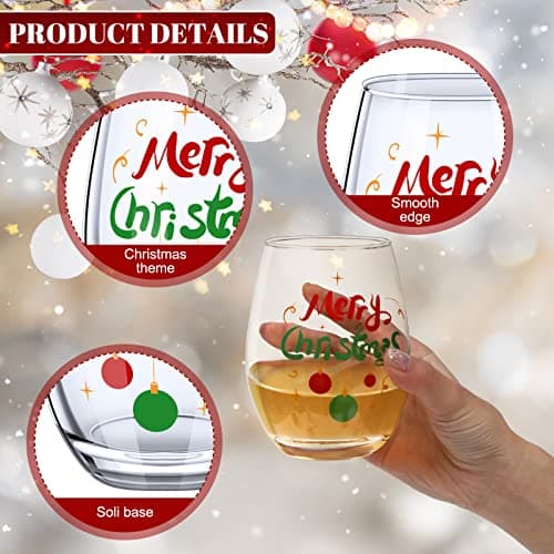 Funtery 6 Pcs Christmas wine Stemless Glass Funny Christmas Gift Set for Teacher Men Women Family Friend Coworker, Gift Ideal Birthday Wedding Party Supplies(Classic Style)