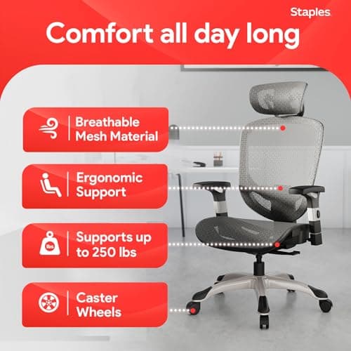 STAPLES Ergonomic Task Chair, Mesh, Ergonomic, Lumbar Support, Swivel, Gray
