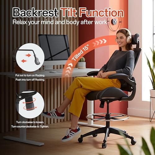 BOLISS Ergonomic Drafting Chair with 4-Level Adjustable Headrest Tall Standing Desk Stool with Soft Microfiber Leather Seat, Breathable Mesh Back, 90° Flip-Up Arms, and Adjustable Foot Ring