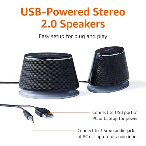 Amazon Basics Stereo 2.0 Speakers for PC or Laptop with Volume Control, 3.5mm Aux Input, USB-Powered, 1 Pair, Black