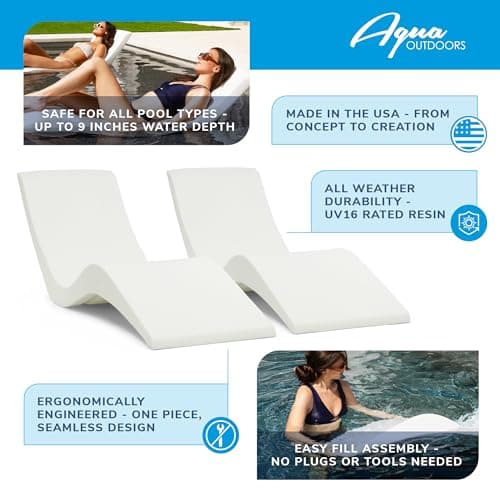Aqua Outdoors Pool Chaise Lounge Chairs for Ledge & Shelf, Water-Weighted Pool Lounger for Depths Up to 9”, No Screw Plugs & Tools Needed, Classic White Ledge Lounger, Set of 2
