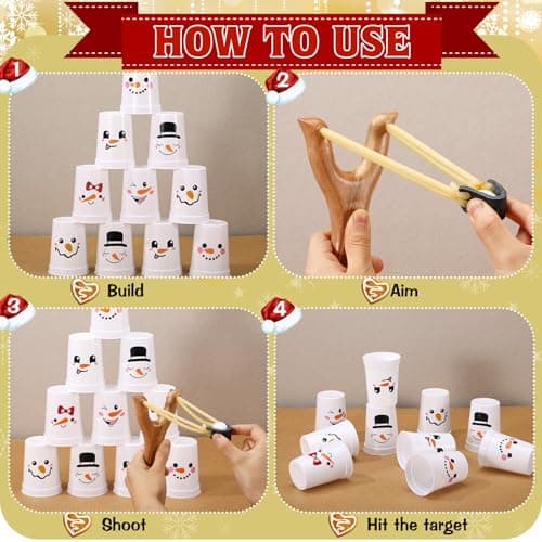 Leitee Christmas Party Games for Family Kids Adults Christmas Games with 24 Stacking Cup 2 Wooden Slingshot 2 Spare Slingshot Rubber Band 20 Felt Fake Snowball for Toss Carnival Parties Group Xmas Fun