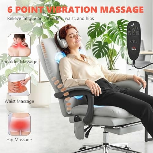 HOMCOM Massage Office Chair with 6-Point Vibration, Pet-Friendly Faux Leather Ergonomic Executive Desk Chair with Double-Layer Spring Cushions, Wide Seat, High Back, Reclining, Footrest, Light Gray