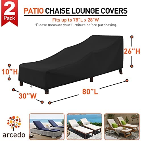 Arcedo Patio Chaise Lounge Cover Water Resistant, 2 Pack of Pool Lounge Chair Covers for Outside Stackable Cushions and Outdoor Furniture, 80" x 30" x 26" H, Black