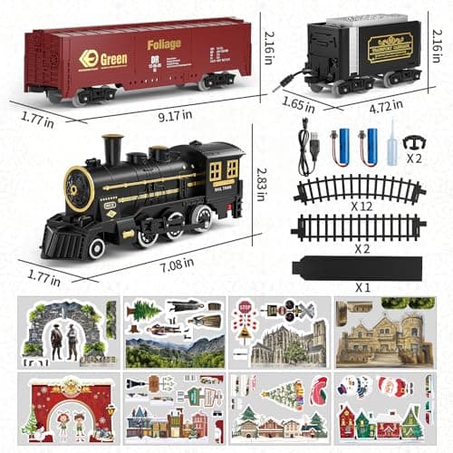 TEMI Steam Train Toy Set for Boys 3 4 5 6 7 Years, with Sounds & Light, Electric Classical Engine Locomotive for Kids, Rechargeable Model Train Kit for Christmas Tree, Cargo Car Railway Tracks