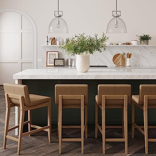 Nathan James Gracie Modern Counter Height Bar Stool with Back, Counter Stool Upholstered Chair with PU Leather and Brushed Wooden Legs, Light Brown, Set of 4