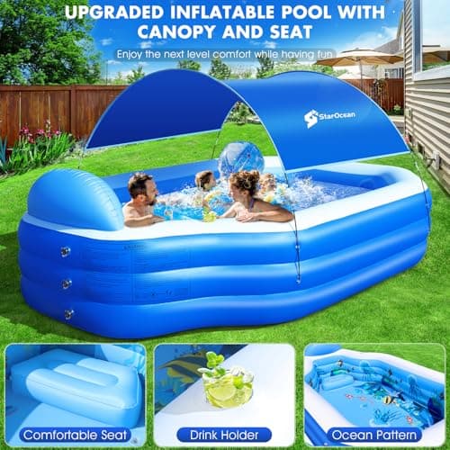Inflatable Pool with Canopy, Large Inflatable Swimming Pool for Kids,Adult, Blow Up Pools with Seats,Backrest.Durable Thickened Inflatable Family Pools for Backyard,118"x75"x22"-Dark Blue