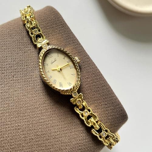 CARLIEN Fashion Vintage Gold Oval Quartz Watches for Women - Alloy Steel Band Slim Bracelet - Roman Numerals Numbers - Dainty Elegant Dress Wristwatch Waterproof