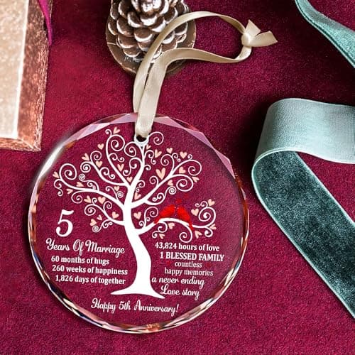 5th Wedding Anniversary Glass Ornament for Couple, Wife, Husband or Parents, Unique Wood Wedding Anniversary Idea, A Meaningful Christmas Decor to Celebrate Five Years of Love