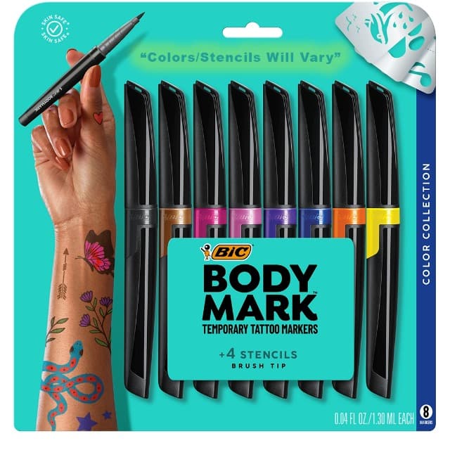 BIC BodyMark Temporary Tattoo Marker with Cosmetic Quality and Skin Safety, 8-Count in Assorted Colors