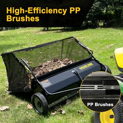 Grass One 44 Inch Tow-Behind Lawn Sweeper with 25 Cu.Ft Hopper Bag, Adjustable Brush Height & Easy Dump-from-Seat – Picks Up Leaves, Grass & Yard Debris, Garden Gift