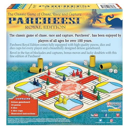 Parcheesi Royal Edition by Winning Moves Games USA, Classic Family Favorite Featuring Charming Artwork, Tokens and dice Cups for 2-4 Players, Ages 8+ (6106)