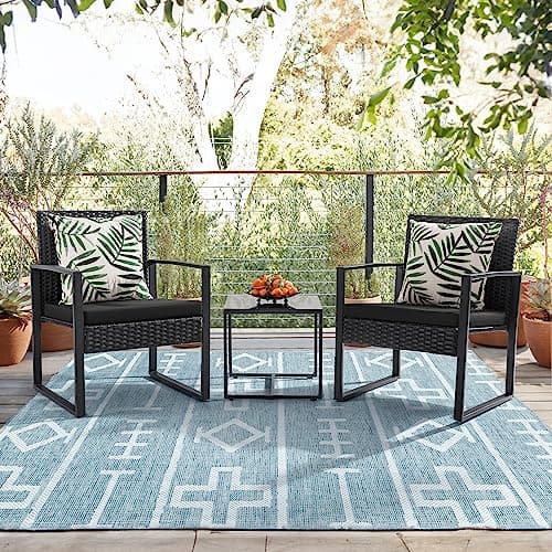Flamaker 3 Pieces Outdoor Patio Wicker Furniture Set, Modern Rattan Chair Conversation Sets with Coffee Table for Yard and Bistro (Black)