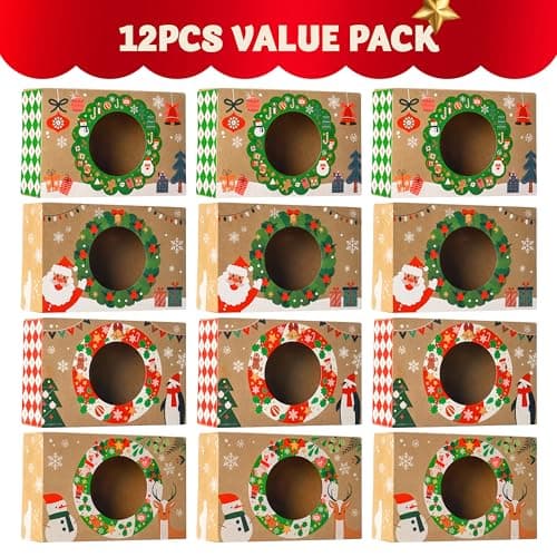 JOYIN 12PCS Christmas Cookie Boxes for Gift Giving, 8.75" x 5.75" x 2.75" Xmas Holiday Bakery Treat Boxes with Window, Kraft Cookie Tin Container Box for Baked Goods, Cupcake, Pastry, Candy, Brownies