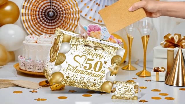 50th Anniversary Paper Gift Bag - White Gold Wedding Gift Wrapping Bag with Tissue Papers & Card - Perfect for Golden Wedding Anniversary or Christmas Decor