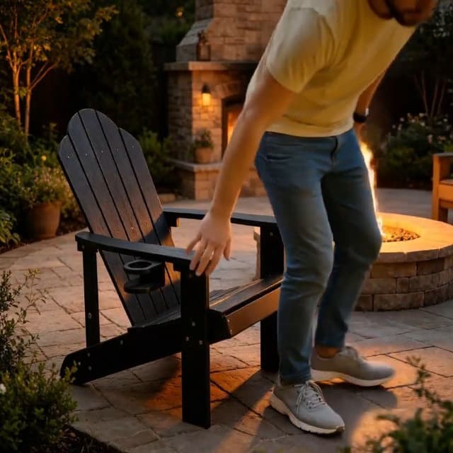 Adirondack Chair,All-Weather Can Used Patio Chair with Cup Holder,Sturdy Outdoor Lawn Chair,Easy Clean Surface and Anti-Tip Safety Features,Black