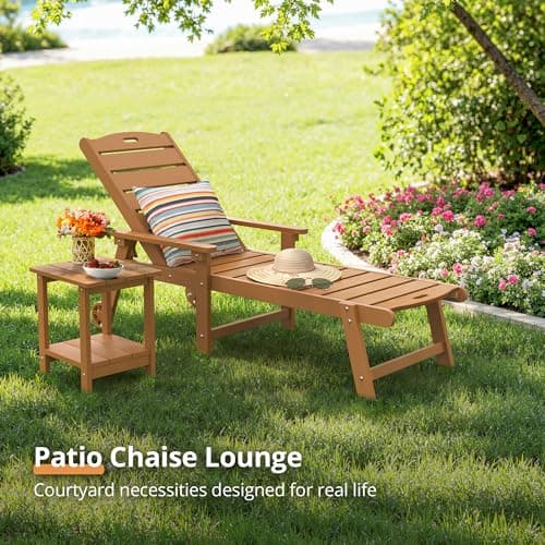 LUE BONA Outdoor Chaise Lounge Chairs Set of 2, HDPS Chaise Lounger, 5 Positions Adjustable Lounge Chairs, Pool Lounge Chair with Wheels for Poolside, Patio, Restaurant, 3 Year Warranty, Teak Color