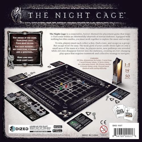 The Night Cage by Smirk and Dagger | Cooperative Candlelit Horror Strategy Game | Tile Laying Labyrinth Escape Adventure | for 1 to 5 Players | Ages 14+