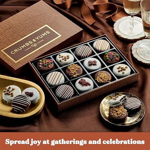 Holiday Christmas Cookies Gift Basket - 12 Gourmet Chocolate Covered Sandwich Cookies with Assorted Toppings - Assorted Food Gift Box for Fathers Day, Mothers Day, Family, Sympathy, Men & Women.