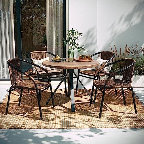 Flash Furniture Lila Modern Rattan Indoor/Outdoor Stackable Dining Chairs, Stacking Rattan Bistro Chairs for Patio or Restaurant, Set of 4, Brown
