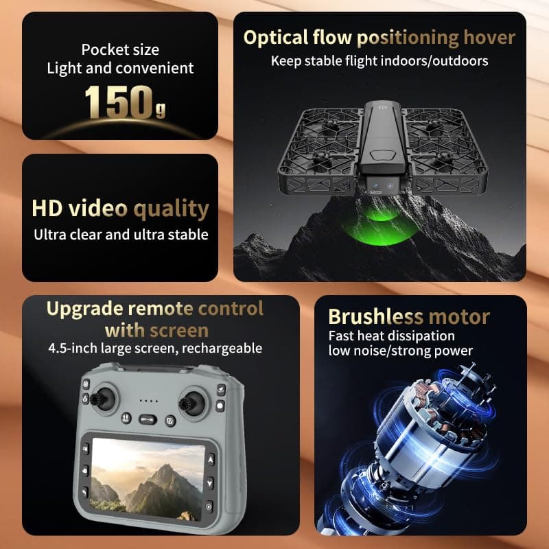 2K Dual Camera Drone with 4.5" LCD Screen Remote (No Phone Needed), Brushless Motor FPV Quadcopter, Under 249g Mini Drone, Foldable Design, 2 Batteries, Optical Flow Stable Hover, Portable for Adults