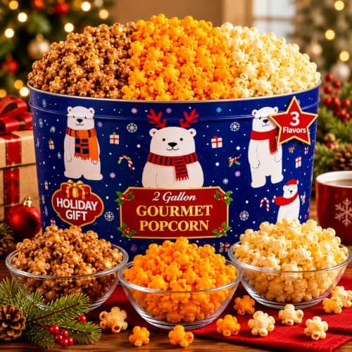 2 Gallon, 3 Flavors Uncle Myron's Christmas Popcorn Tin, 3 Flavors, Holiday Food Gift Basket B0FMZDY4VP