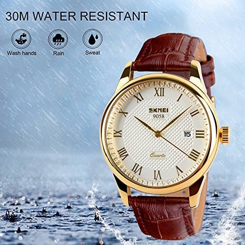SKMEI Business Men’s Quartz Wristwatches Roman Numeral Leather Band Casual Water Resist Analog Watches