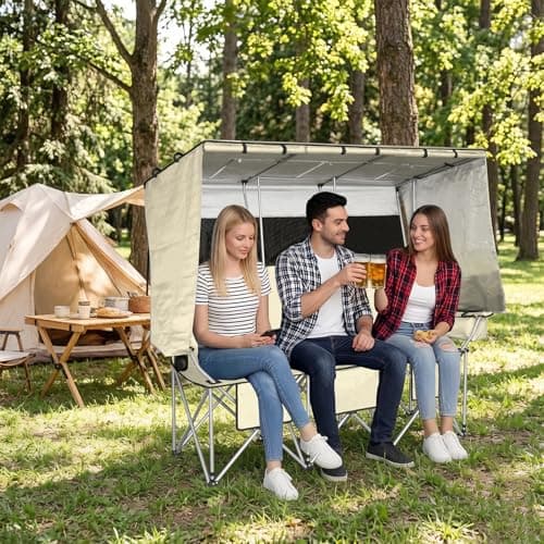 BDL 3 Person Camping Chair with Canopy Shade, Oversized Heavy Duty Camping Chair with Cup Holders & Ice Bag Portable Family Folding Chair for Outdoor, Lawn & Sports,White