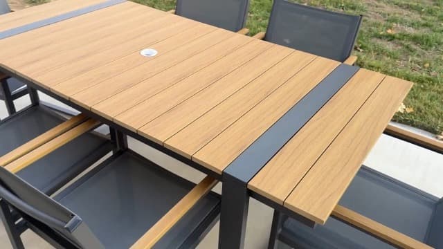 Outdoor Dining Set, HDPS + Aluminum Patio Table and Chairs Set with U-Shaped Base, 7 Piece Outdoor Furniture Set with Umbrella Hole, Patio Dining Table Set for Garden, Backyard (Gray-Teak)