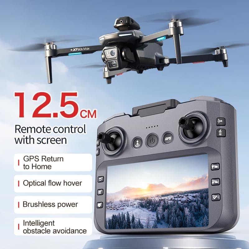 GPS Drone with HD Dual Camera, Brushless Motor & 5 Inch Screen Remote, EIS Anti-Shake Gimbal, Obstacle Avoidance & Optical Flow Positioning, under 250g Lightweight XT606 FPV Drone for Beginners Adults