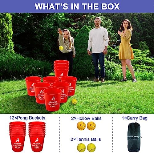 Aivalas Yard Pong Outdoor Games, Giant Yard Games Set with 12 Buckets and Balls for Adults and Family, Toss Game Throwing Games for Beach, Camping, Lawn and Backyard