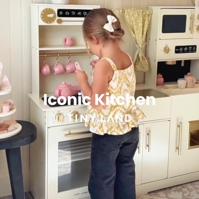 Tiny Land Play Kitchen for Kids, Toy Kitchen Set with Plenty of Play Features, New Modern Kids Wooden Play Kitchen Designed in Trendy Home Style with Curtains, Gift for Ages 3+
