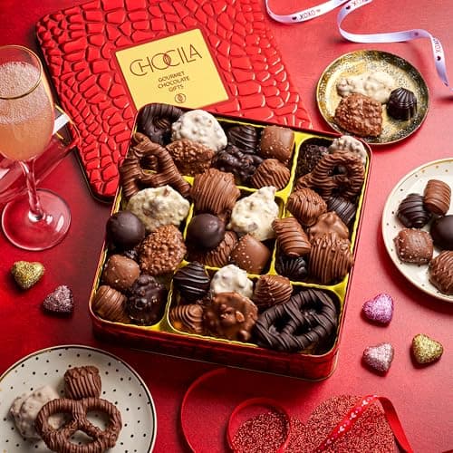 Christmas Chocolate Gift Basket, Gourmet Chocolates Variety Snack Box, Assorted Food Arrangement Platter, Birthday Present, Holiday, Corporate Parties, Sympathy, Candy Gifting Idea, Him, Her, Men, Women, Family (Ruby Red)